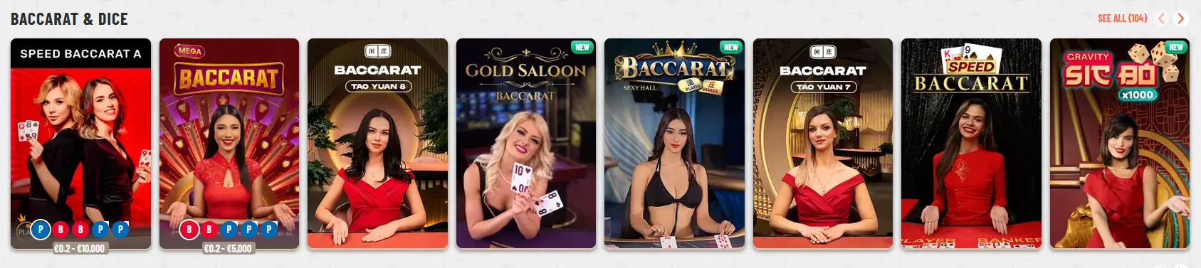 Live dealer baccarat and dice tables at Wyns Casino