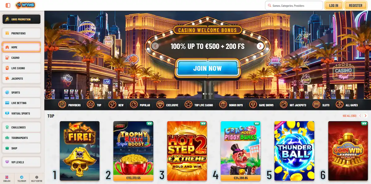 Wyns Casino homepage lobby with pokies, promotions and live casino navigation