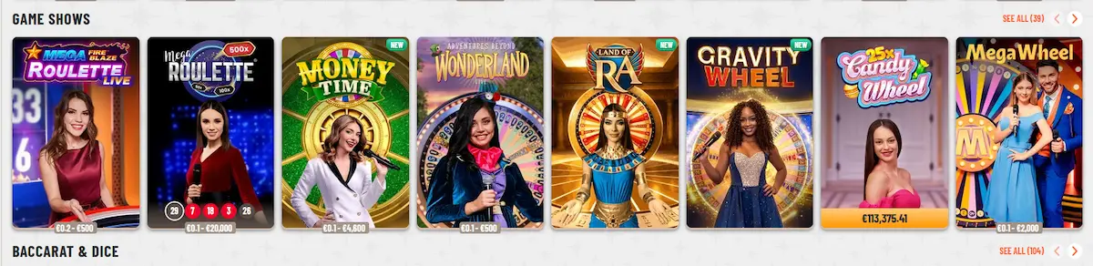 Live game show titles in the Wyns Casino live casino section