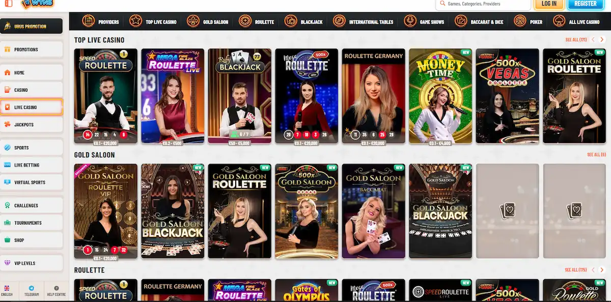Live casino lobby at Wyns Casino with live roulette, blackjack and Gold Saloon tables