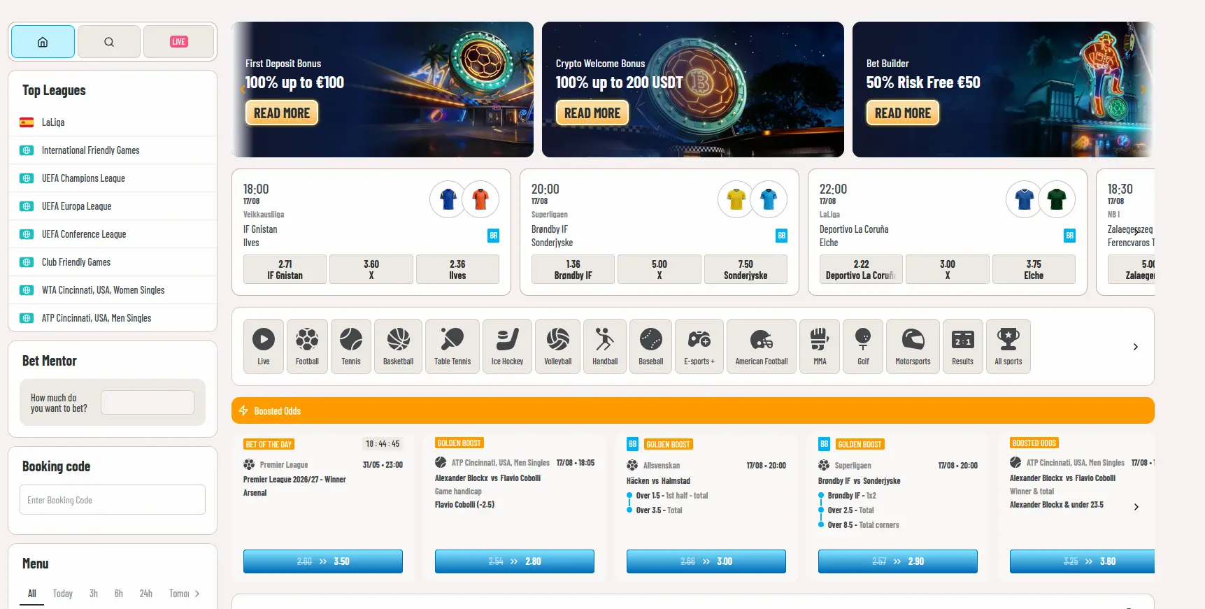 Wyns sportsbook interface with live odds and betting markets